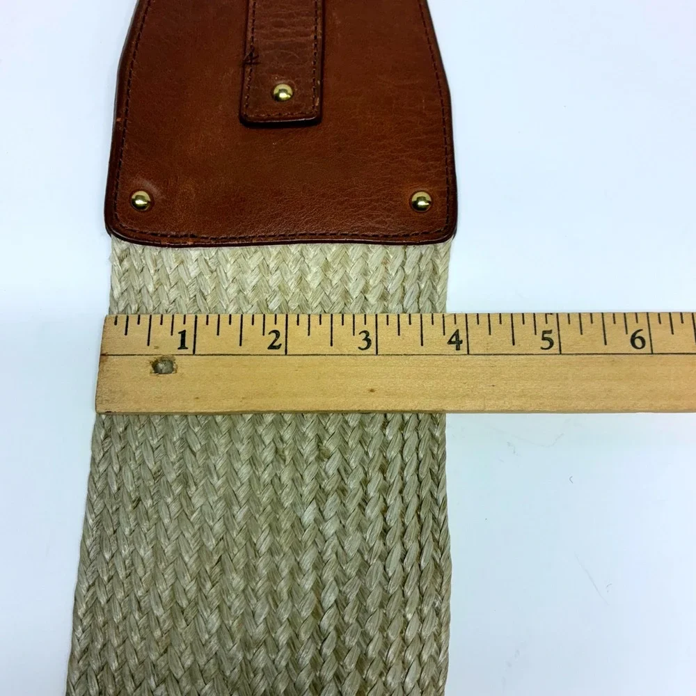Antonio Melani Wide Waist Cincher Belt Womens M Brown Leather Woven Raffia Straw